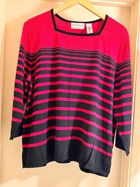 Alfred Dunner Black and Hot Pink Striped Long Sleeve Top